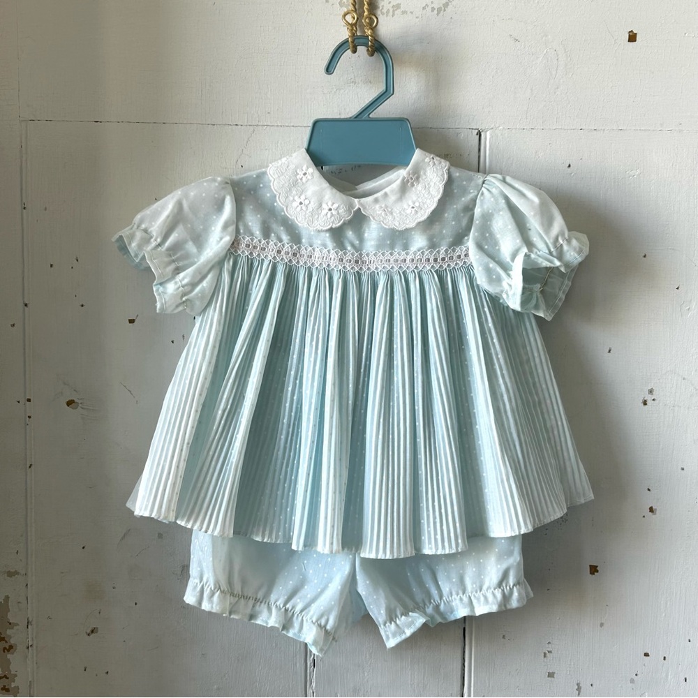 Vintage Swiss Dot Accordion Pleated Baby Dress with Bloomers